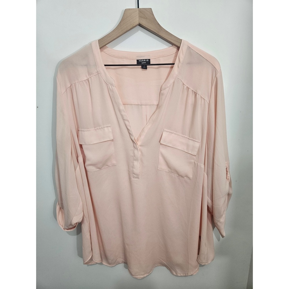 Torrid Harper Peach Pink Georgette Roll Tab Sleeve Blouse 3 3X 13970732